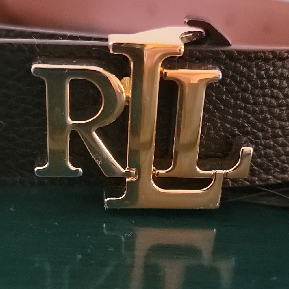 Ralph Lauren Black Leather Belt with Gold RL Buckle